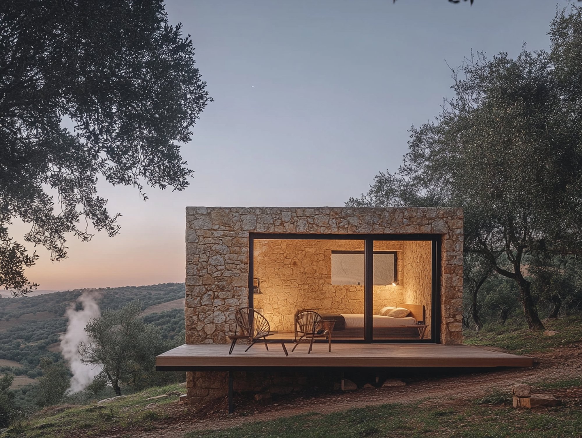 Small minimalist stone and timber cabin nestled among cork oak trees, warm interior light at dusk, wooden deck with chairs