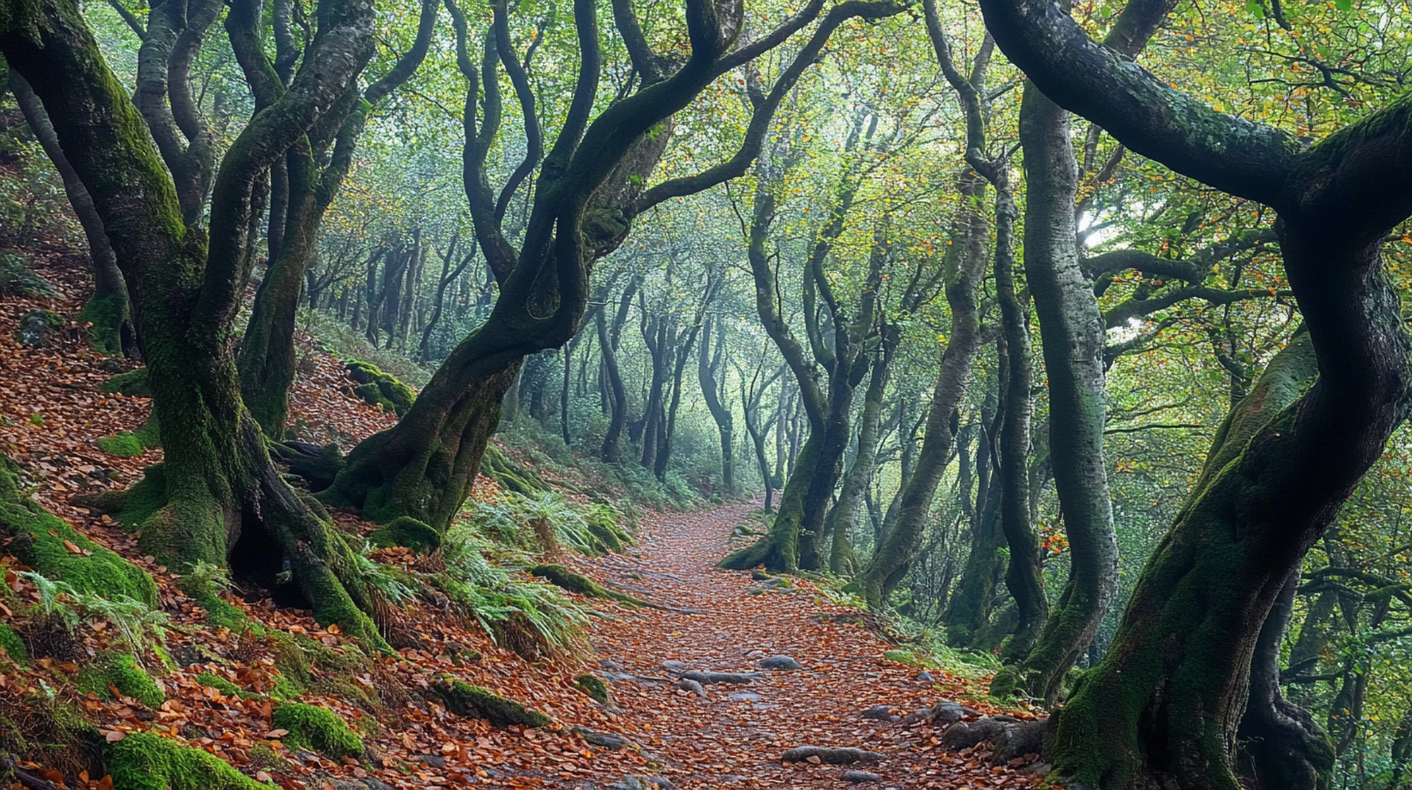 Ancient chestnut forest in Serra de Monchique, massive twisted trunks, autumn light, wild mushrooms on the forest floor
