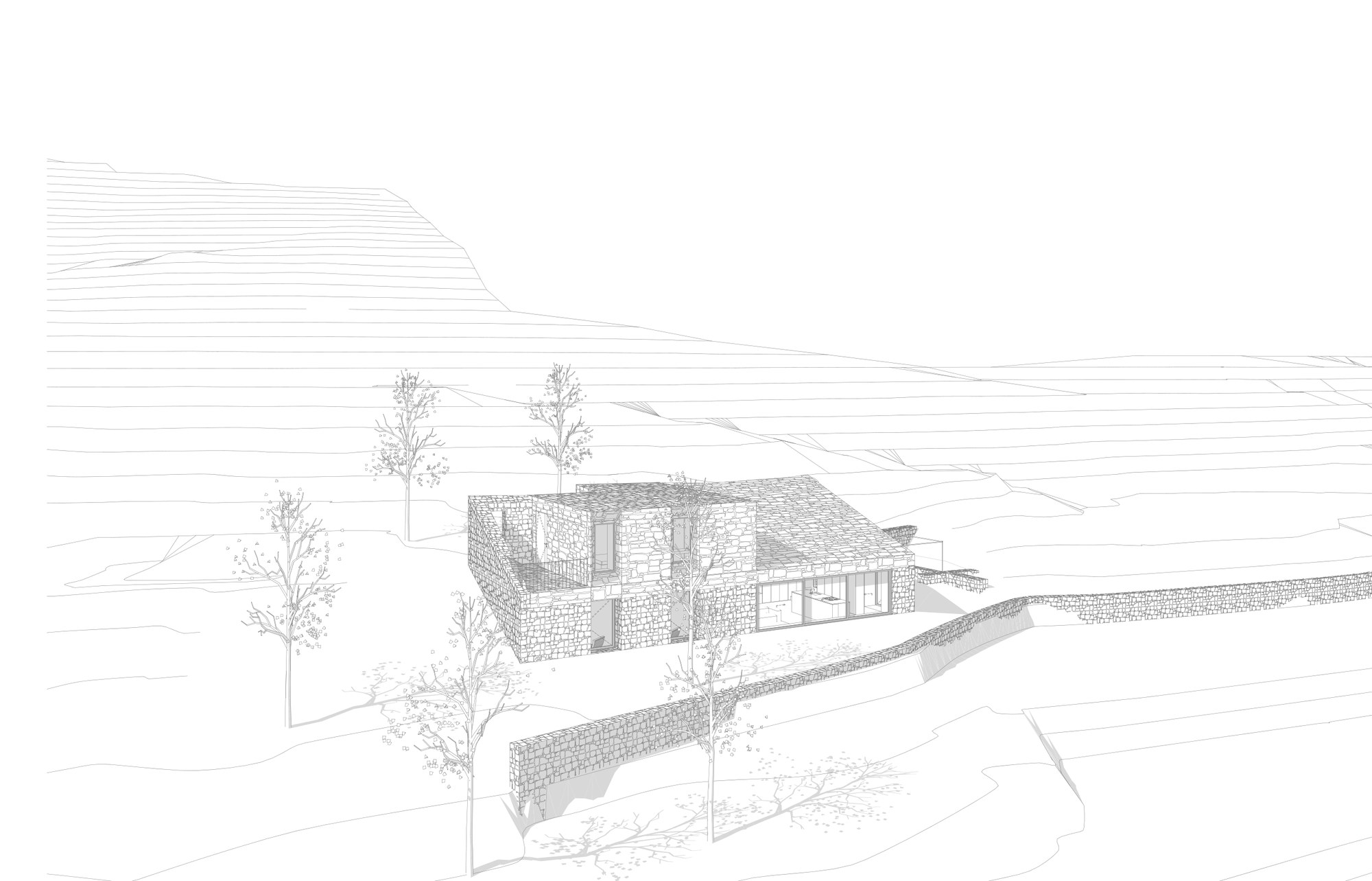 Aerial architectural view of the house in its landscape context