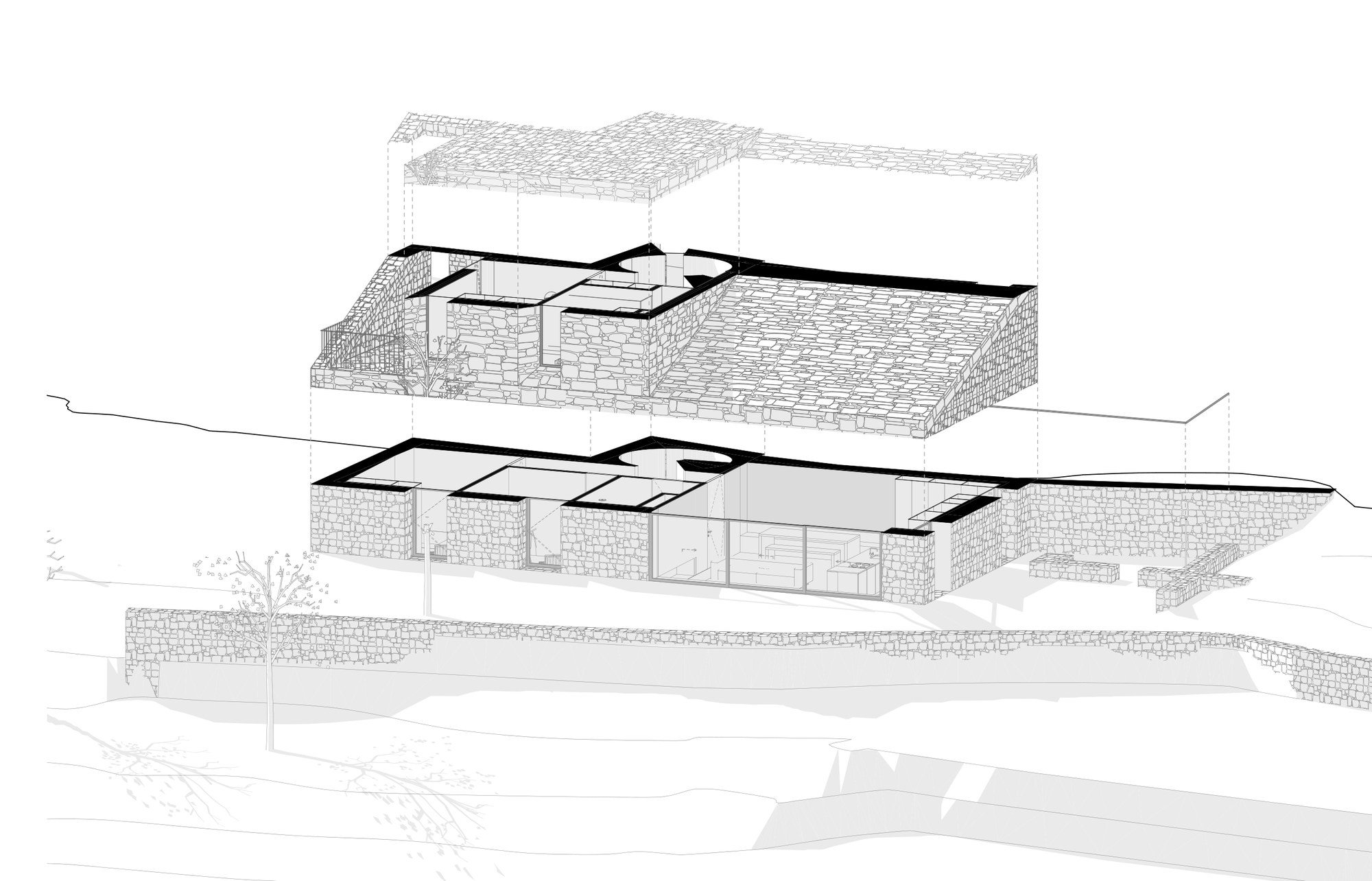 Axonometric architectural drawing of the house showing three levels and their relation to the terrain