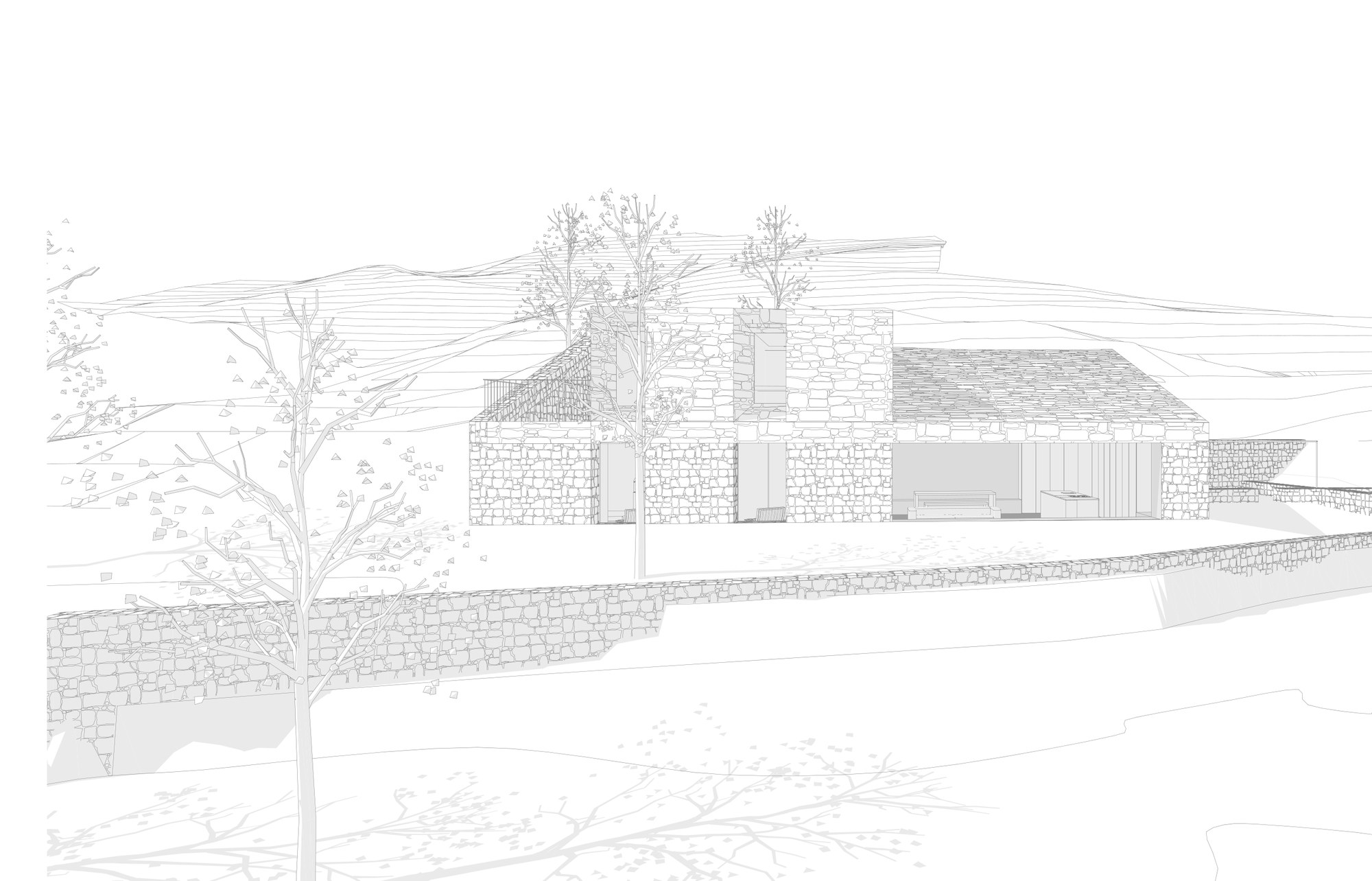 Architectural elevation drawing: stone-walled house with sloped roof seen from across the valley, trees in the foreground