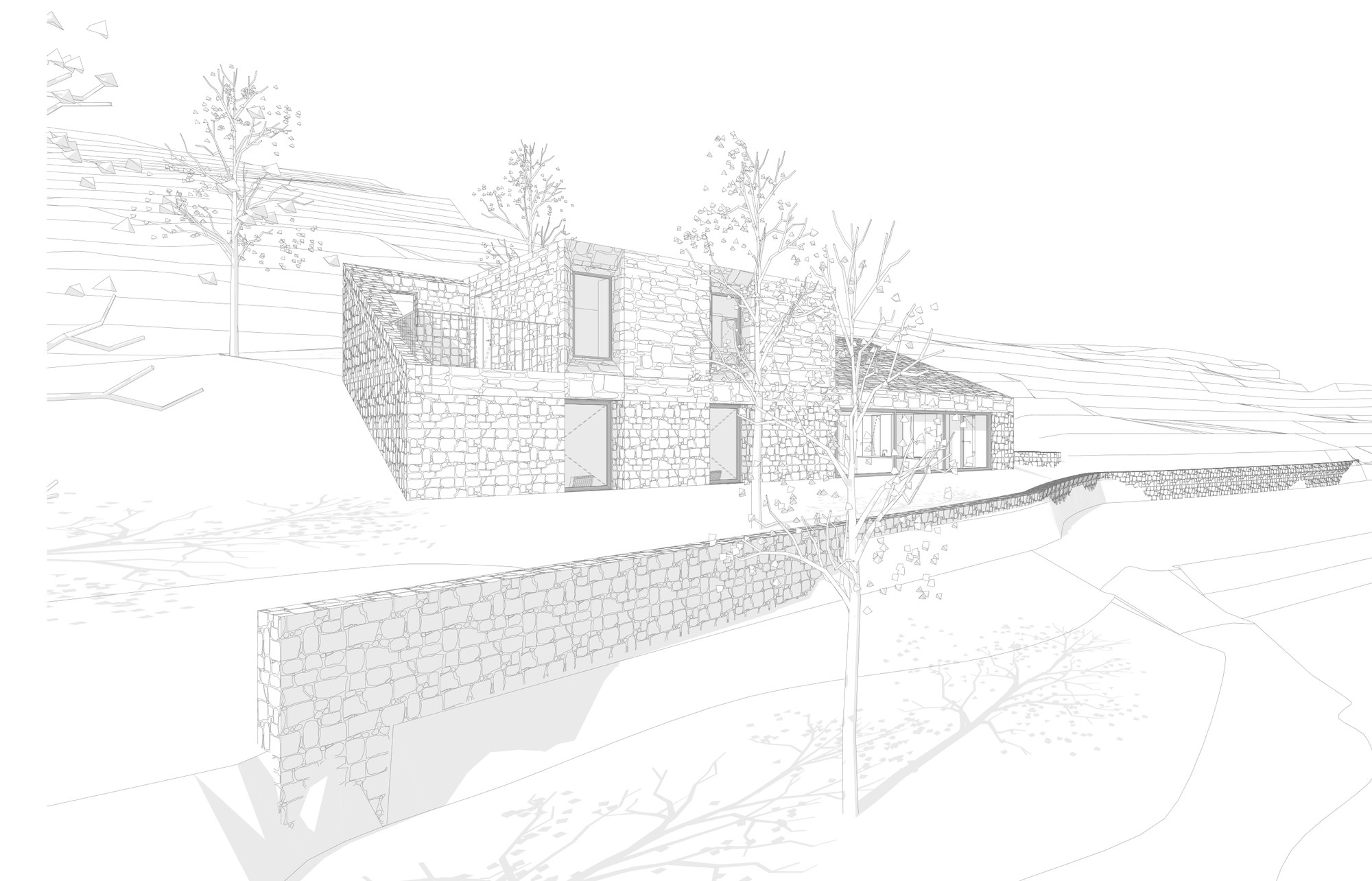 Exterior view of the house from the north with stone retaining walls and trees in the foreground