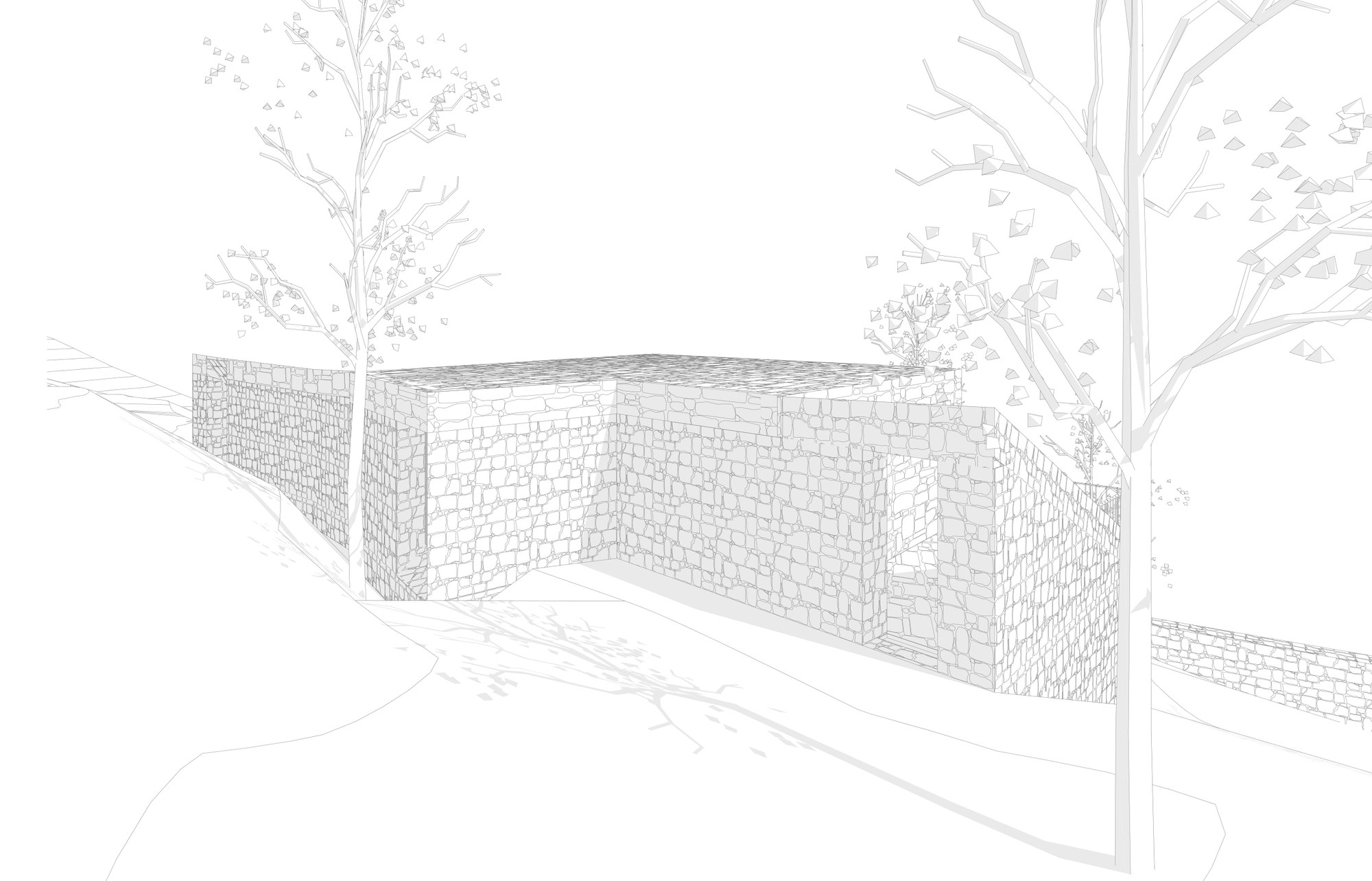 Stone retaining wall detail against the mountainside