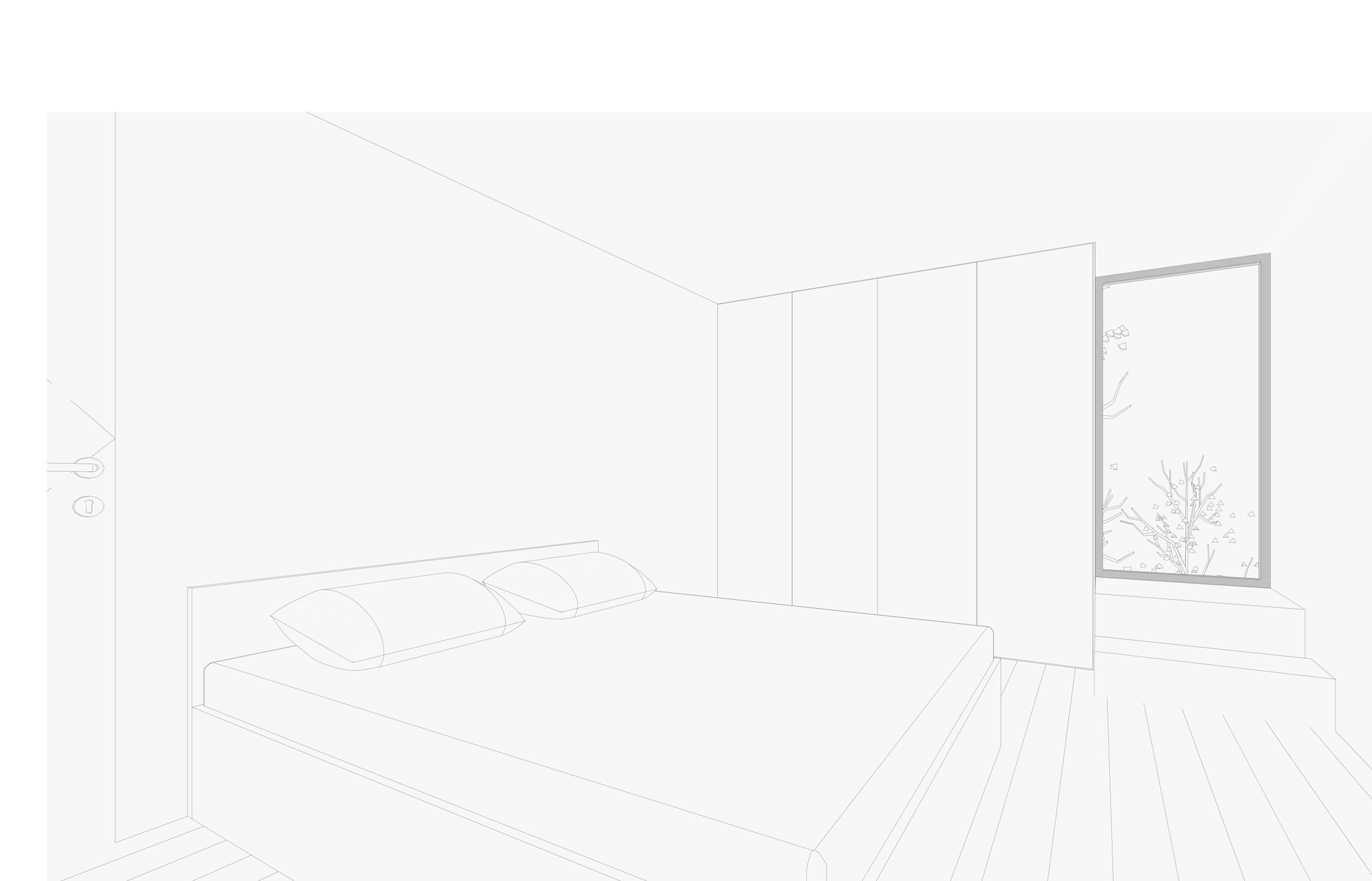 Quiet bedroom interior with a single bed and a framed window onto the landscape