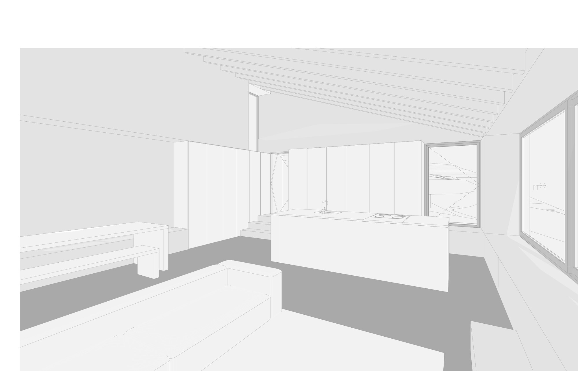 Interior view of the open kitchen and living area with sloped timber-beam ceiling and floor-to-ceiling windows