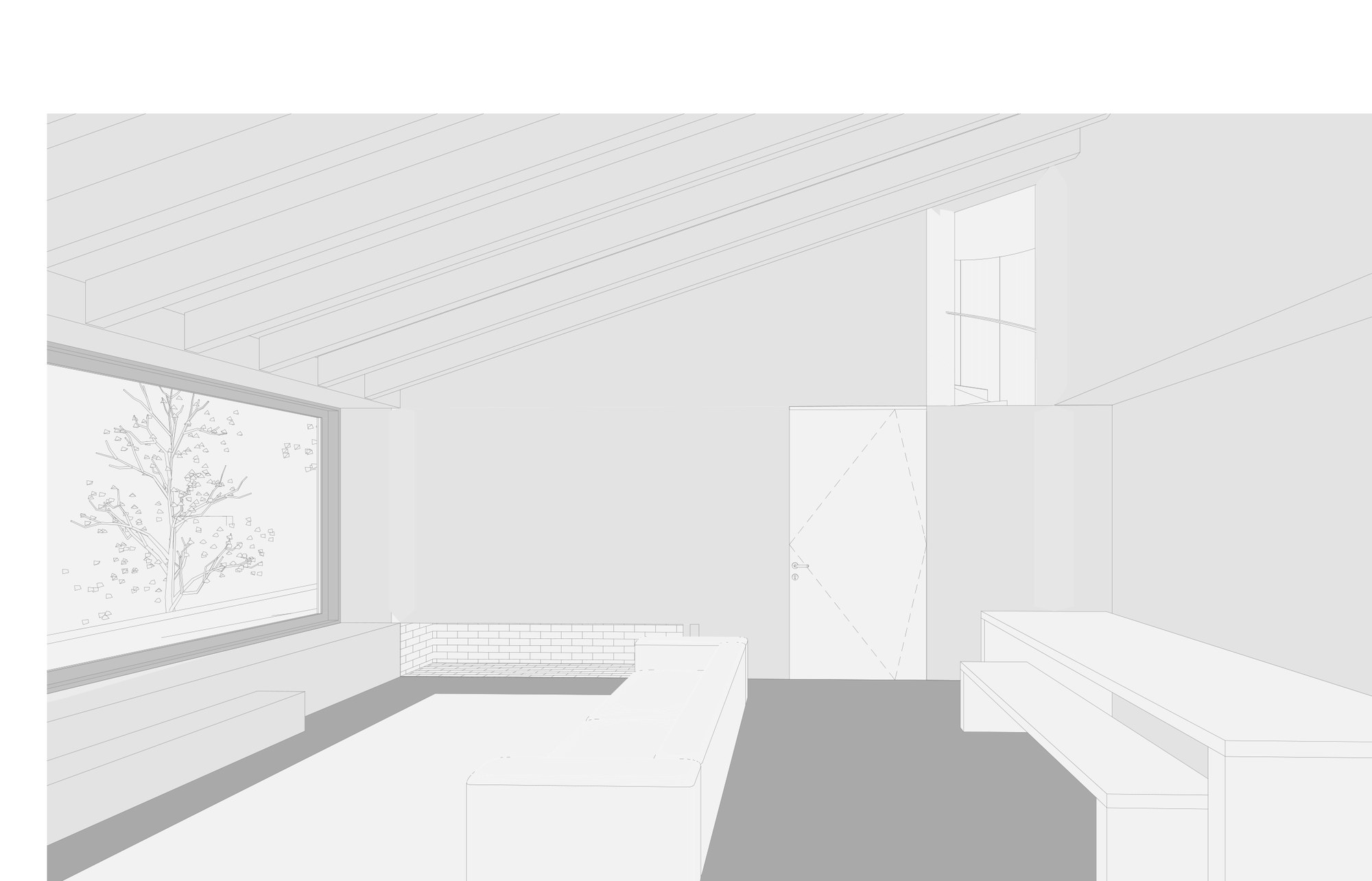 Interior view with large window framing a single tree