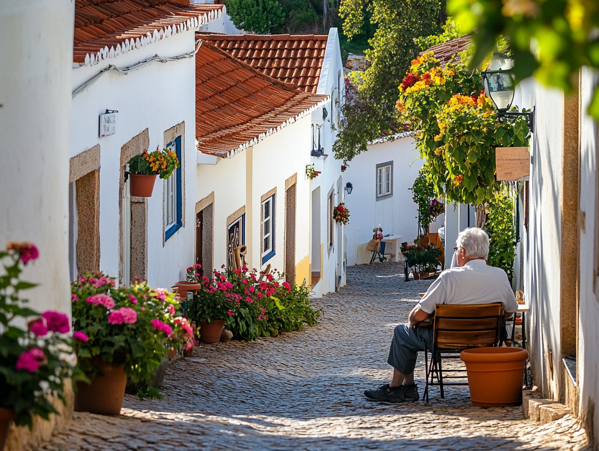 Quiet cobblestone street in Monchique village, whitewashed houses with terracotta roofs