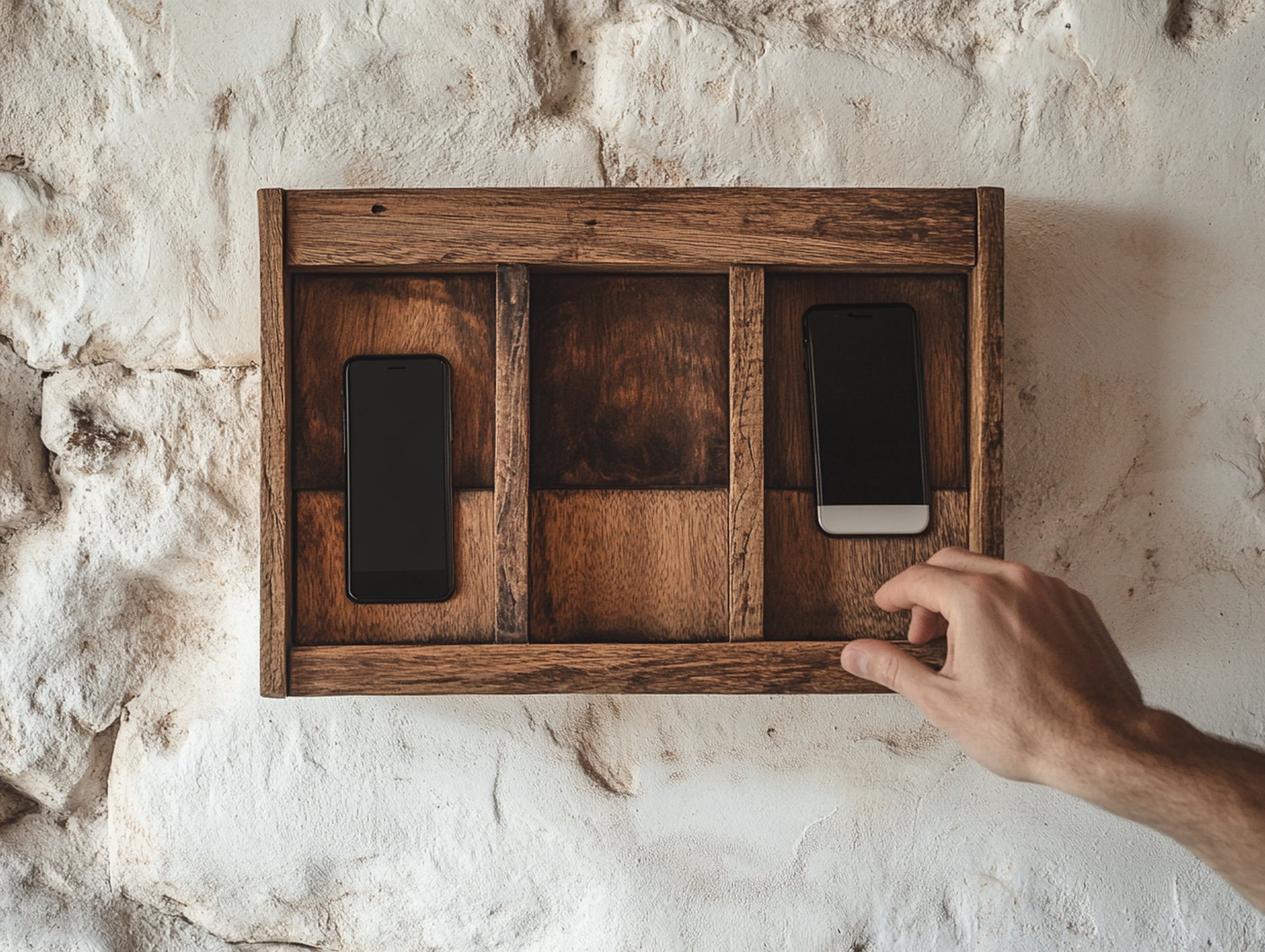 Handmade wooden box with individual compartments mounted on a whitewashed wall, smartphones inside, a hand placing a phone into an empty slot