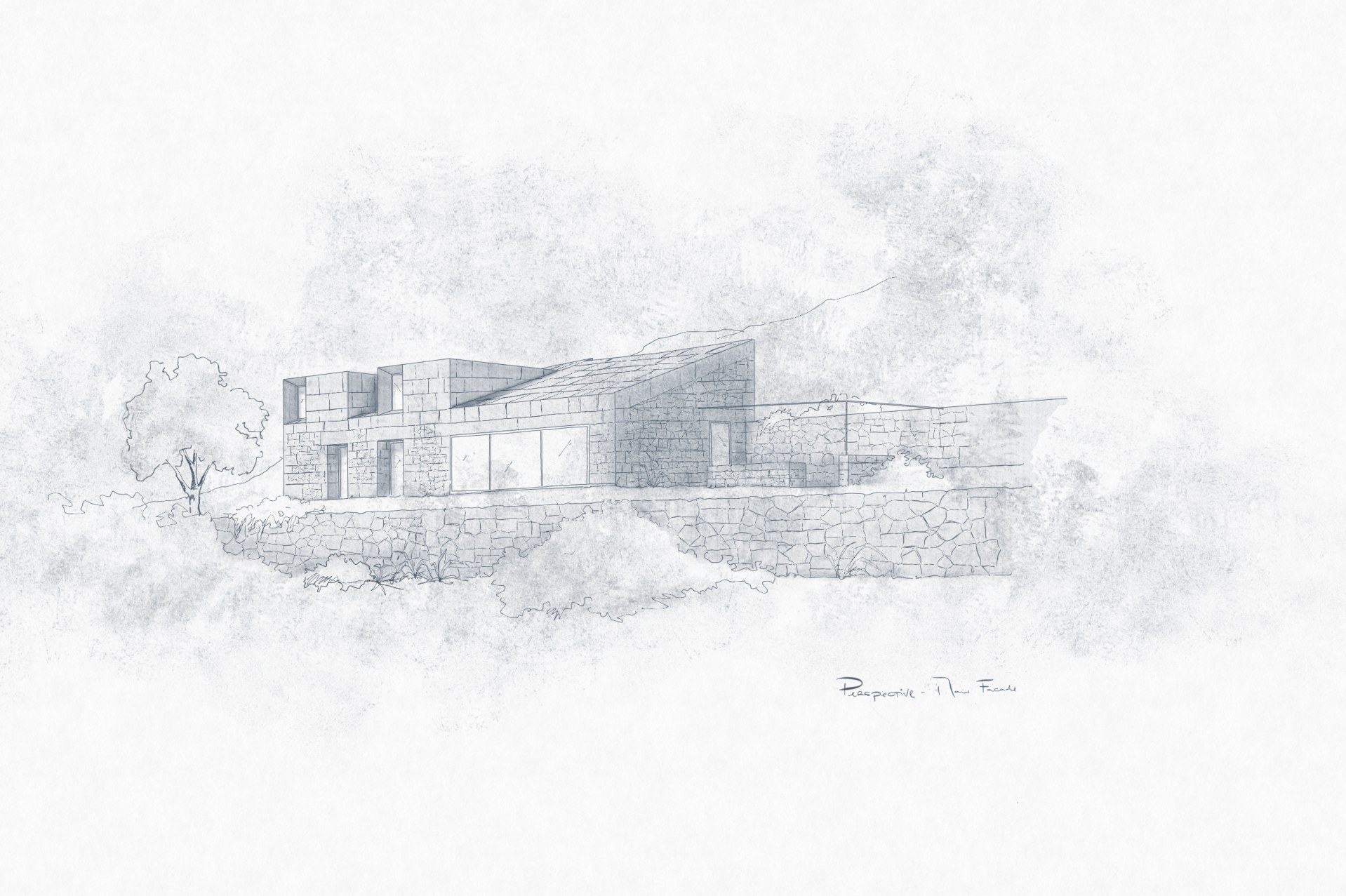 Pencil and watercolour sketch of Veluma House emerging from the Monchique landscape — stone walls, trees, soft distant hills