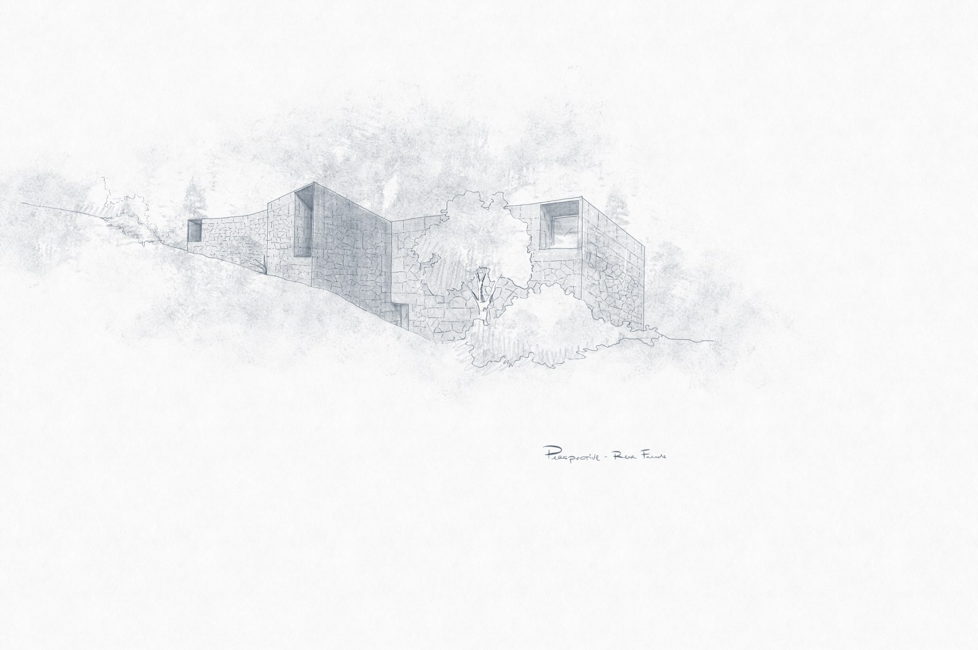 Pencil sketch of the house set into the contoured slope, with distant hills and atmospheric washes of landscape