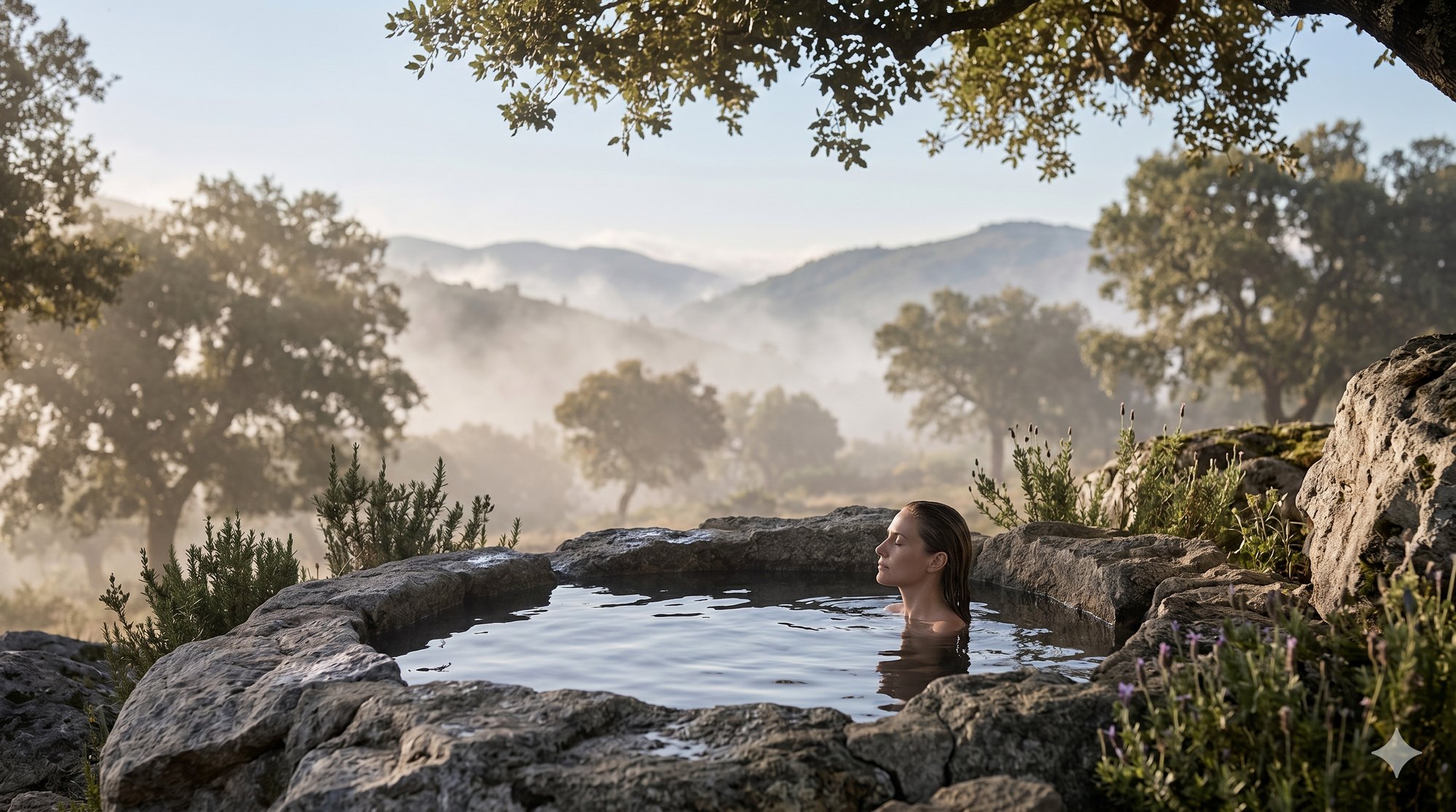 Woman immersed in a natural granite cold plunge pool at dawn, misty Serra de Monchique mountains and cork oaks in the background