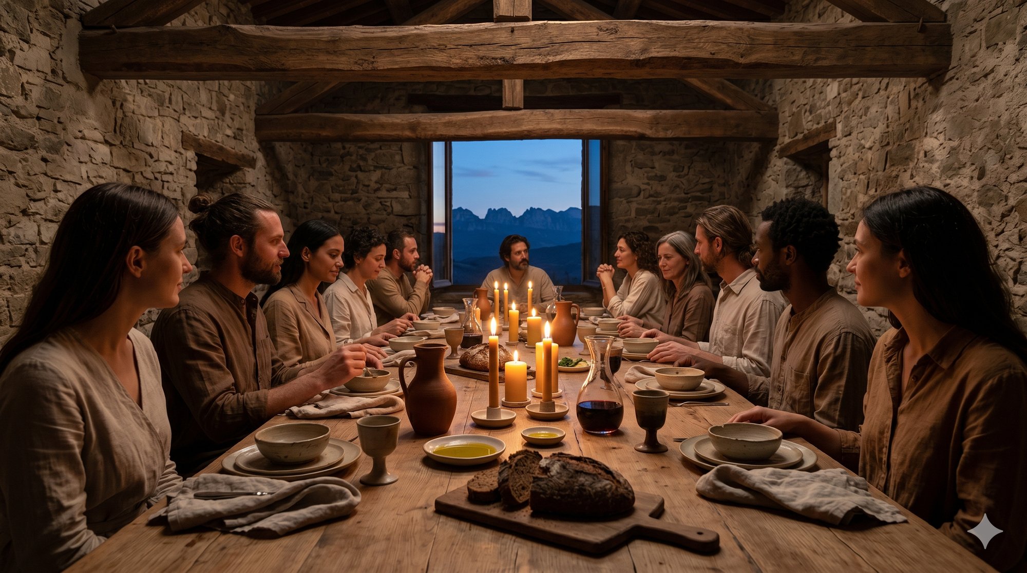Long rustic dinner table lit only by candles, stone walls, timber beams, guests in linen seated in silence