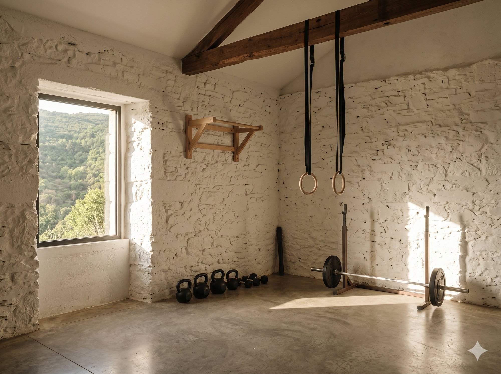 Minimalist training space with whitewashed stone walls, concrete floor, kettlebells, gymnastic rings, and natural light from a window onto the serra