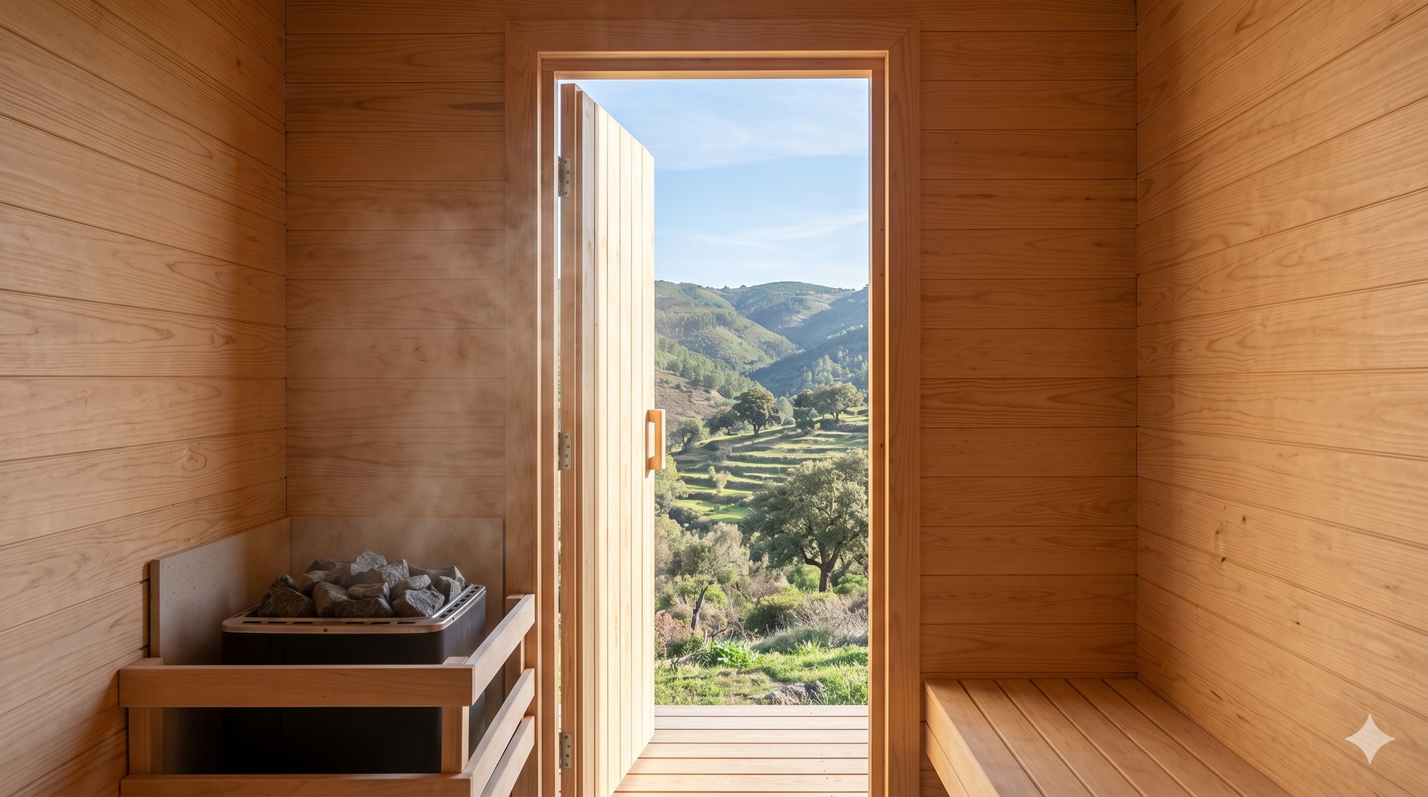 Minimalist Finnish sauna in light pine, door open to the terraced green valley of Serra de Monchique, steam rising from hot stones