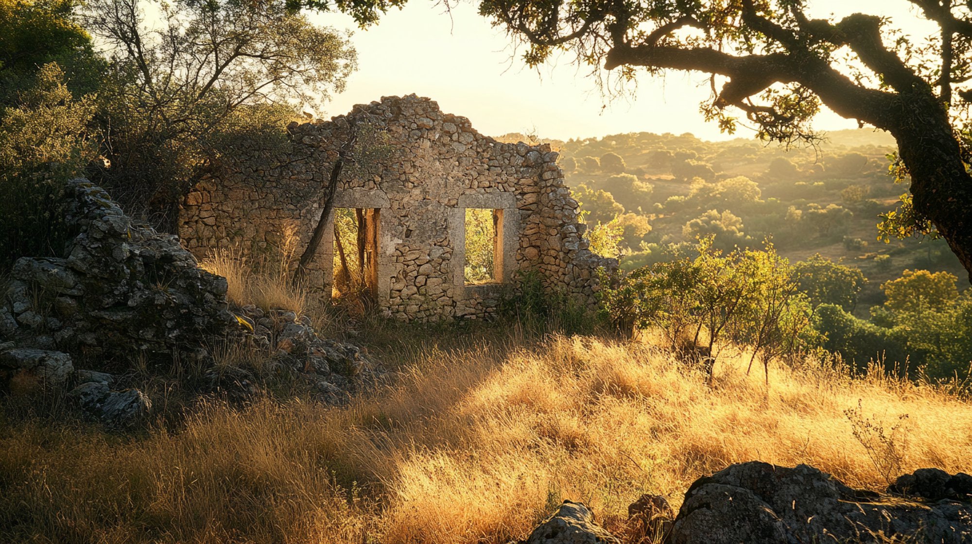 Abandoned stone farmhouse ruin at golden hour, schist walls with fig trees growing through, Serra de Monchique