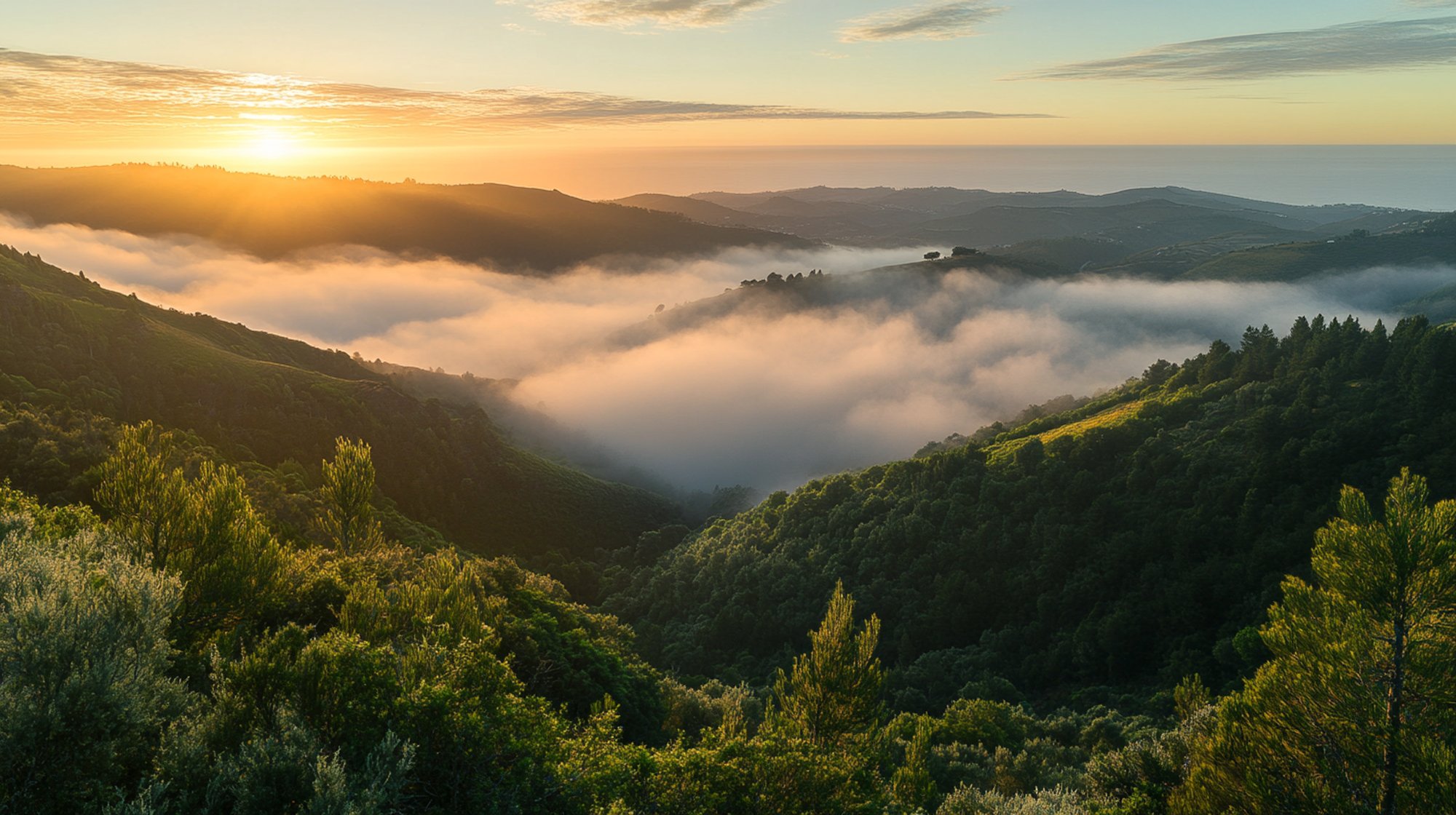 Serra de Monchique at sunrise, layers of rolling green hills disappearing into morning mist, the Atlantic barely visible on the horizon