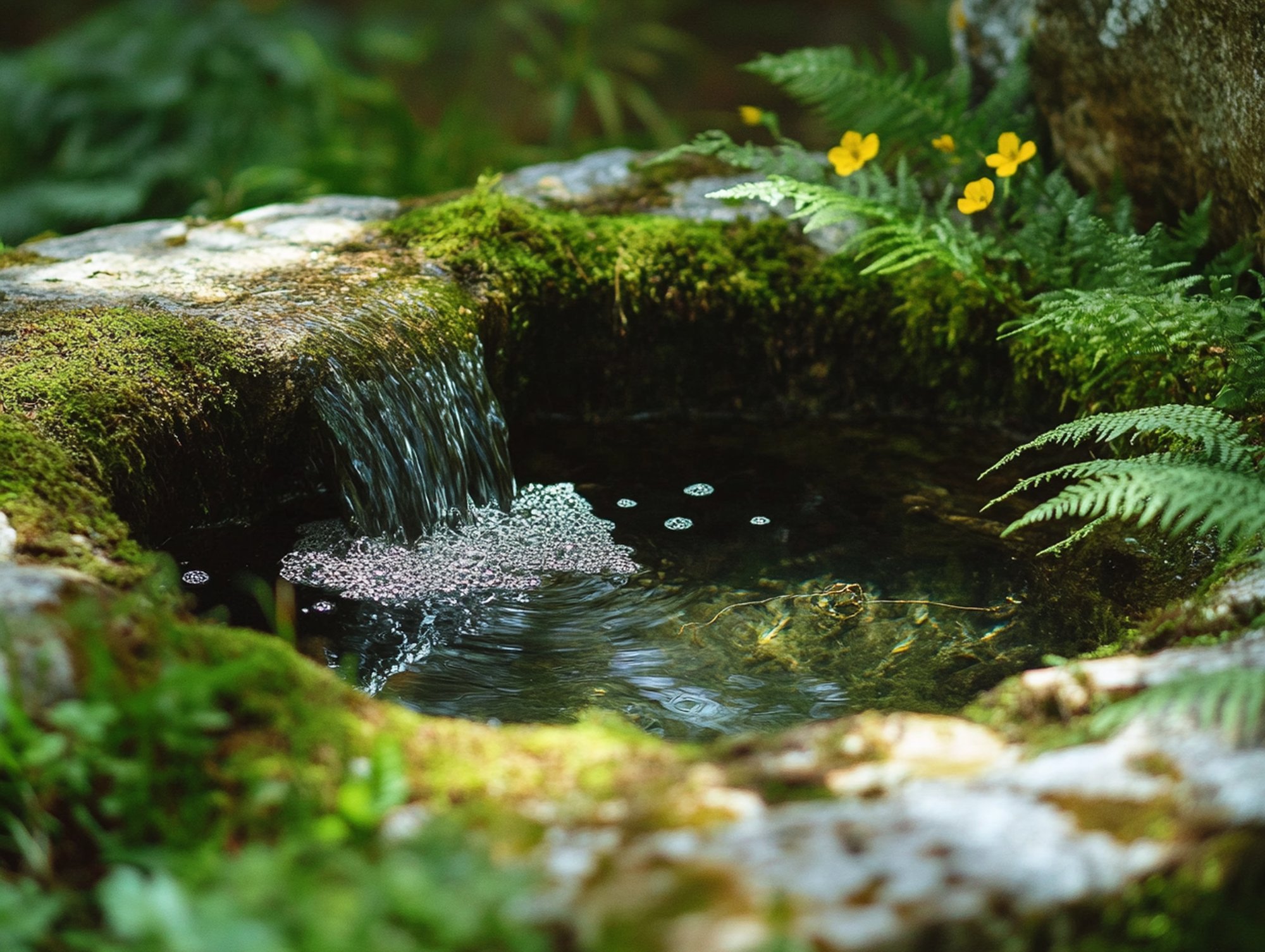 Natural spring water emerging from a mossy schist rock face in a Portuguese mountain forest