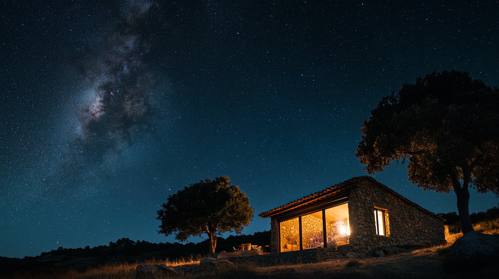 Clear starry night sky over a stone and timber retreat on a Portuguese hillside, warm amber light from windows, the Milky Way visible