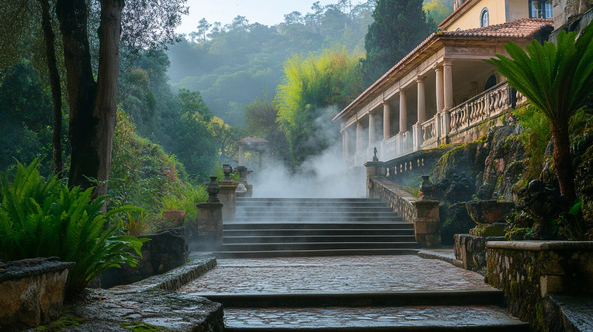 Historic thermal bath building in Monchique surrounded by subtropical vegetation