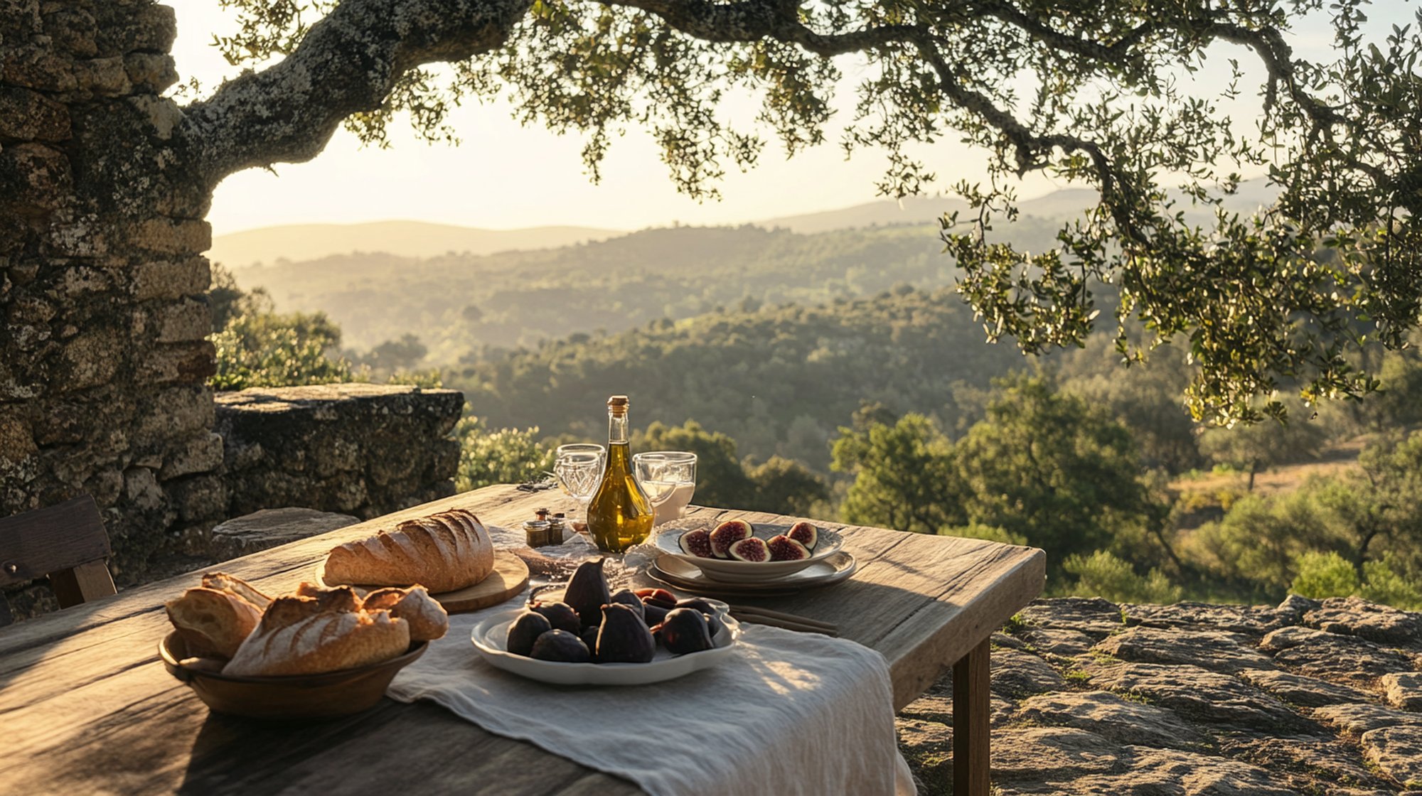 Morning breakfast on a stone terrace overlooking the Serra de Monchique valley, fresh bread, figs, olive oil, coffee